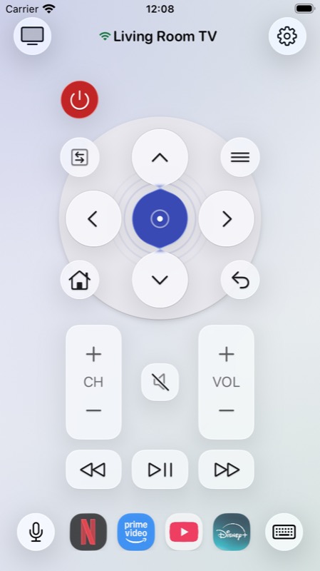Aimio's remote screen, paired to a Living Room TV, showing the D-pad, playback controls and app shortcuts