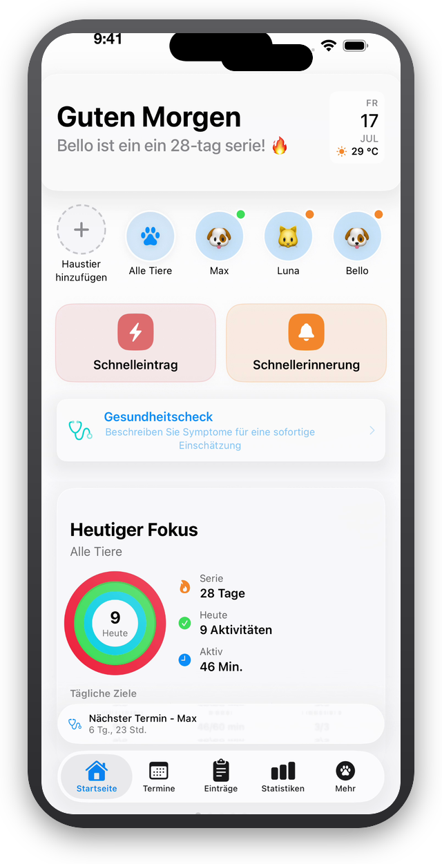PetSuite 360 Dashboard auf dem iPhone mit den heutigen Aufgaben zur Tierpflege