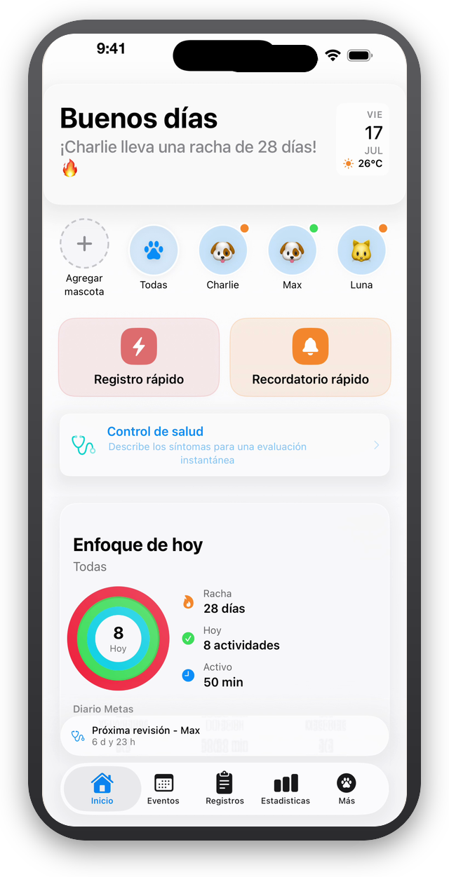 Panel de PetSuite 360 en el iPhone con el cuidado de tu mascota para hoy