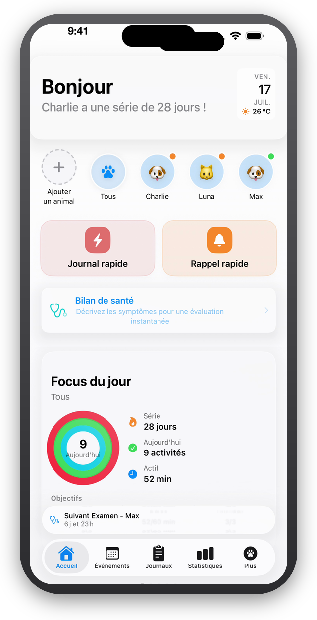 Tableau de bord PetSuite 360 sur iPhone affichant les soins du jour pour votre animal