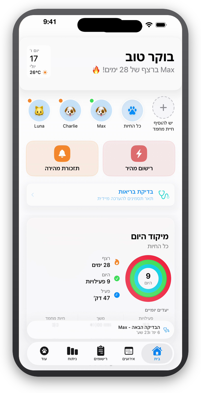 לוח הבקרה של PetSuite 360 באייפון עם הטיפול היומי בחיית המחמד שלך