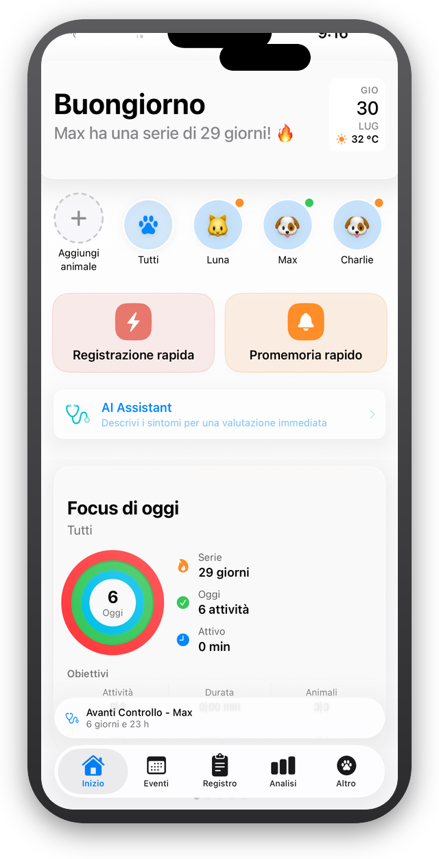 Dashboard di PetSuite 360 su iPhone con la cura del tuo animale di oggi