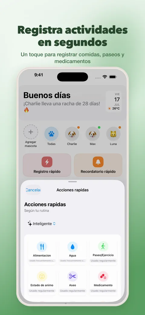 Registra actividades en segundos: acciones rápidas