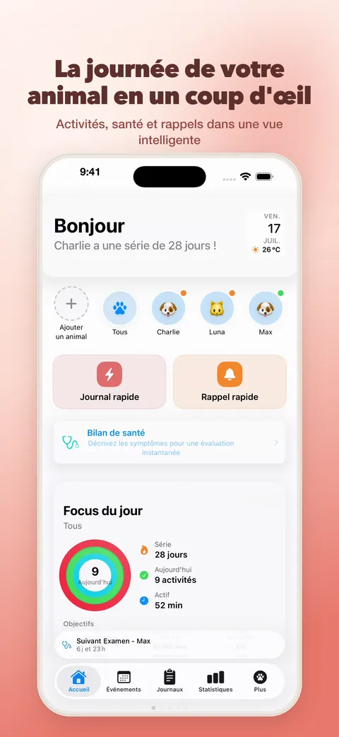 La journée de votre animal en un coup d’œil – tableau de bord