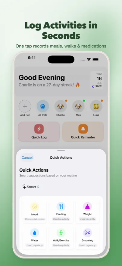 Log activities in seconds — quick actions